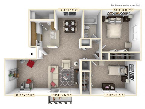 Floor plan for 2 beds, 1 bath, 890 sqft